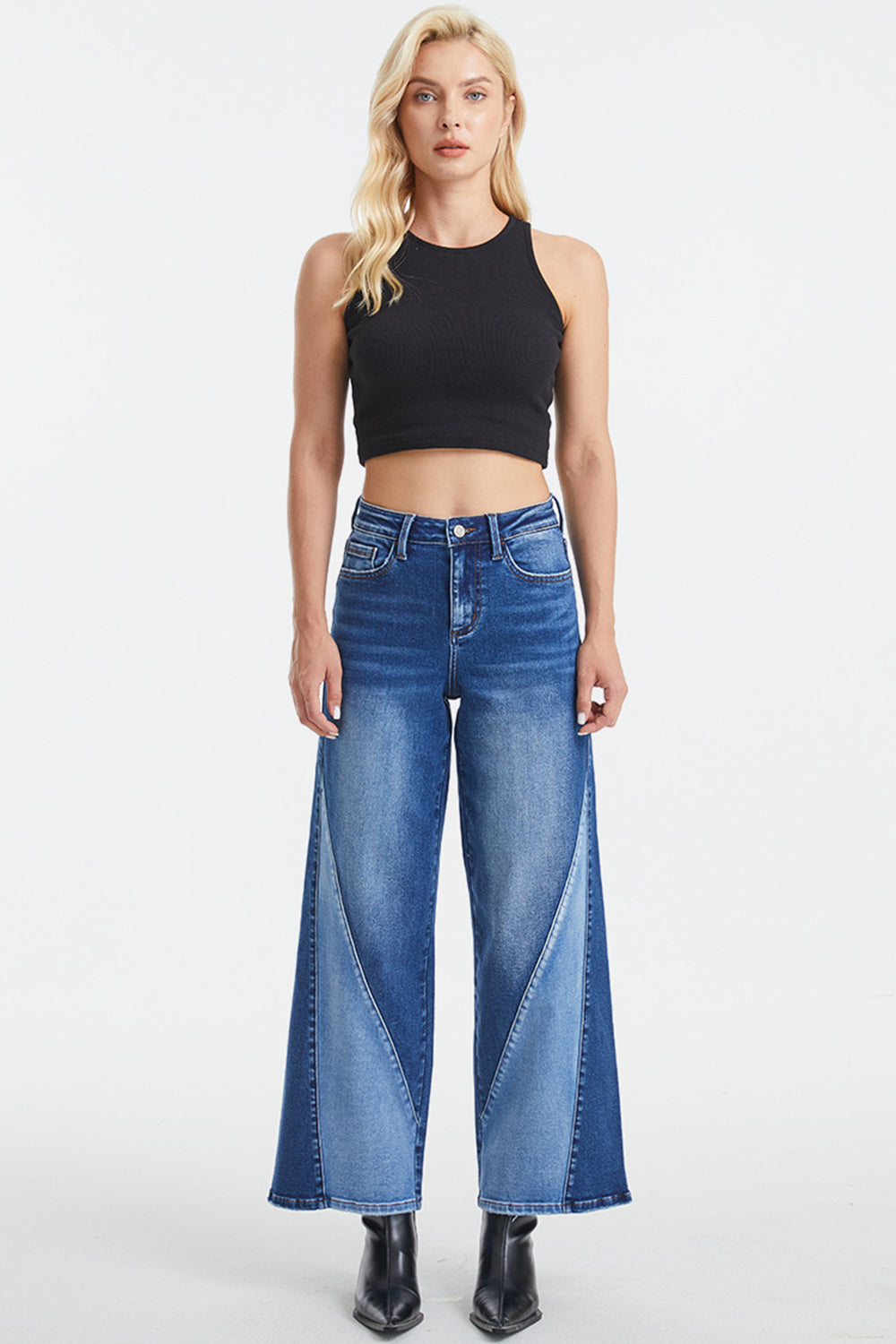 BAYEAS Full Size High Waist Two-Tones Patched Wide Leg Jeans - The Boutie Shop