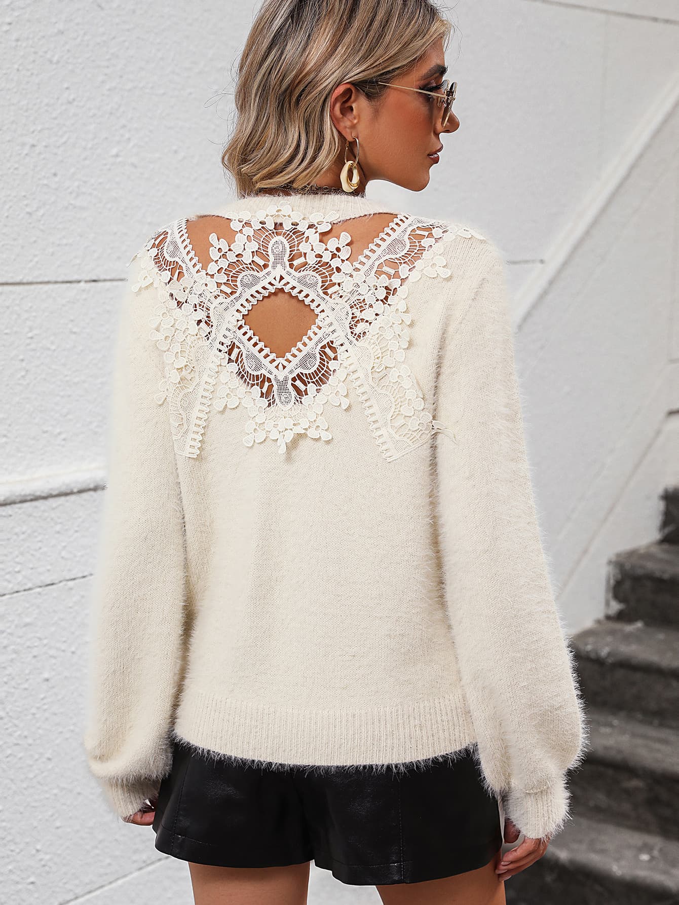 Lace Detail Cutout Long Sleeve Pullover Sweater - The Boutie Shop