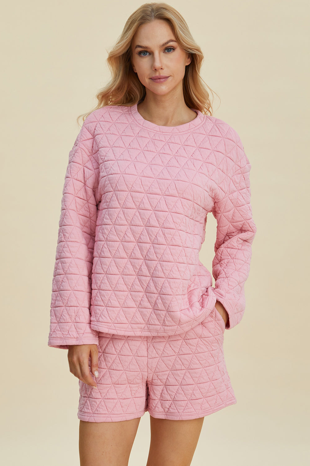 Double Take Full Size Texture Round Neck Long Sleeve Top and Shorts Set - The Boutie Shop