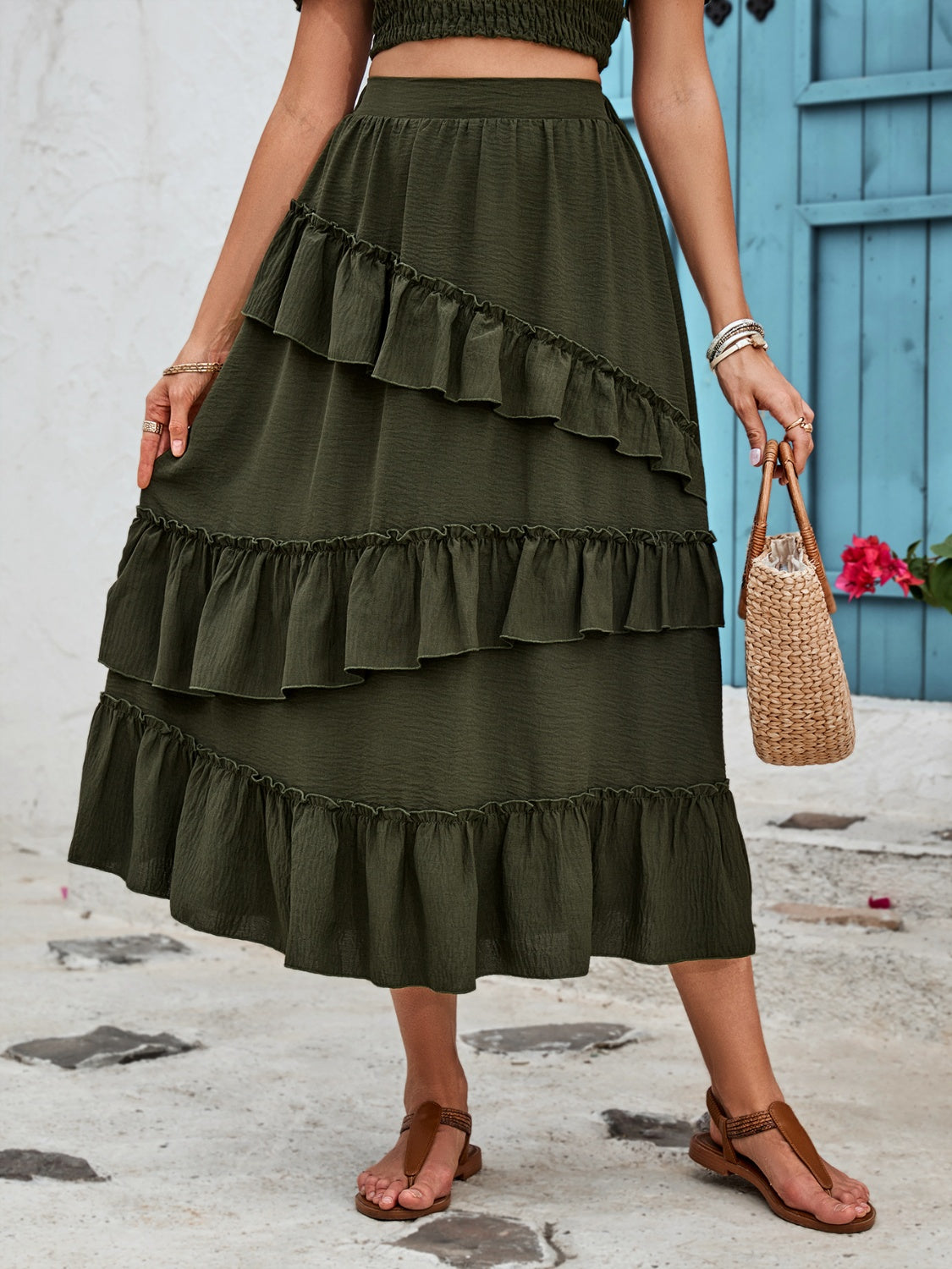 Honey Ruffled Elastic Waist Midi Skirt - The Boutie Shop