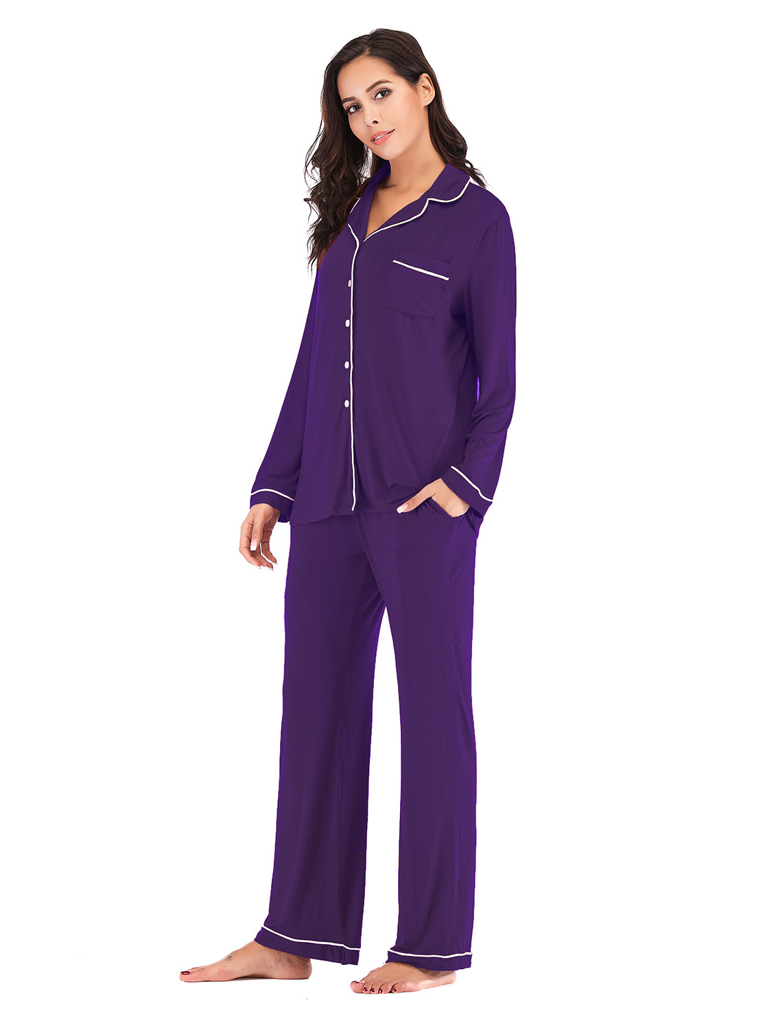 Collared Neck Long Sleeve Loungewear Set with Pockets - The Boutie Shop