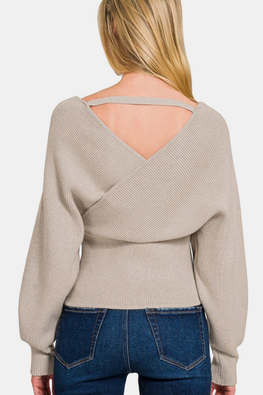 Zenana Cross Wrap Rib Long Sleeve Sweater - The Boutie Shop