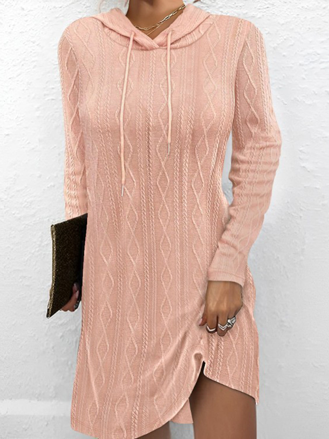 Textured Drawstring Long Sleeve Hooded Dress - The Boutie Shop