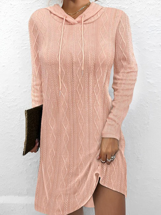 Textured Drawstring Long Sleeve Hooded Dress - The Boutie Shop