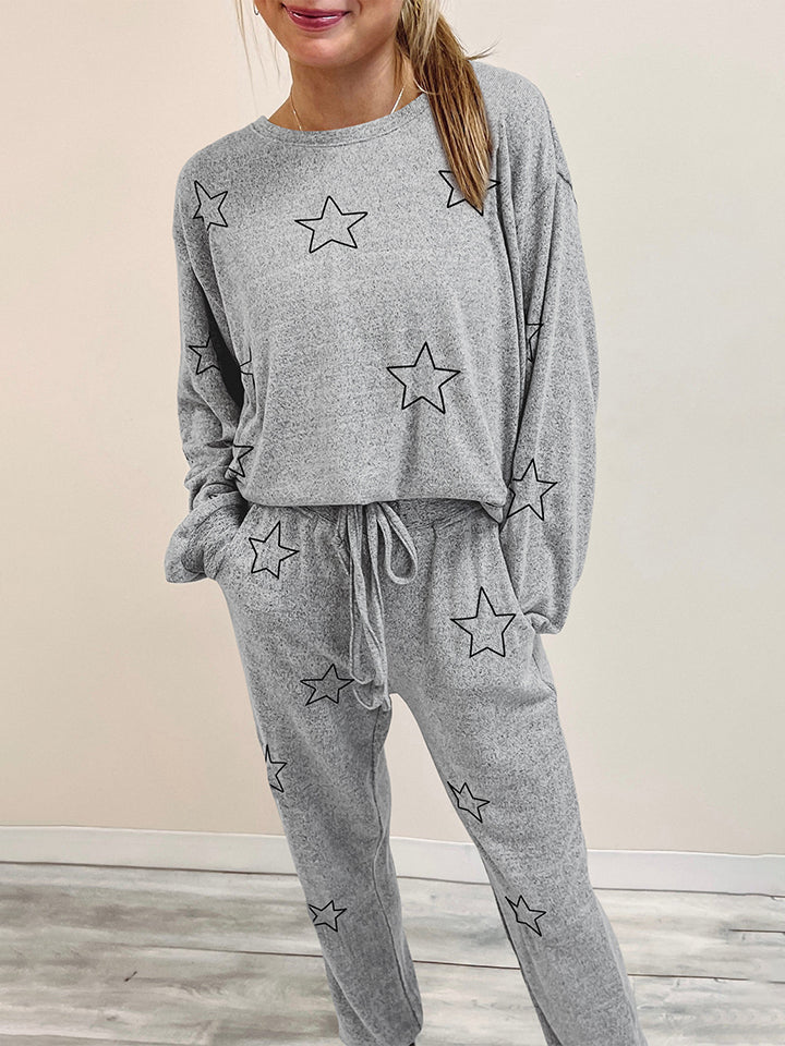 Star Print Long Sleeve Top and Pants Lounge Set - The Boutie Shop