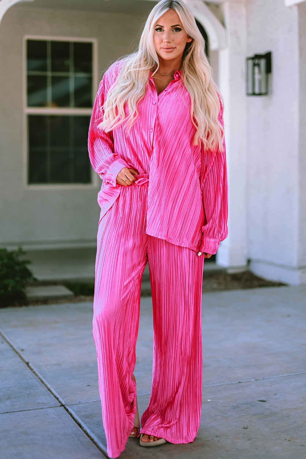 Pleated Button Up Shirt and Wide-Leg Pants Set - The Boutie Shop