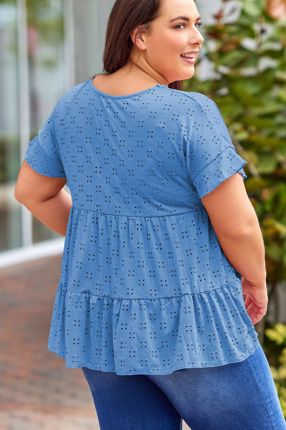 Plus Size Eyelet Round Neck Short Sleeve Blouse - The Boutie Shop