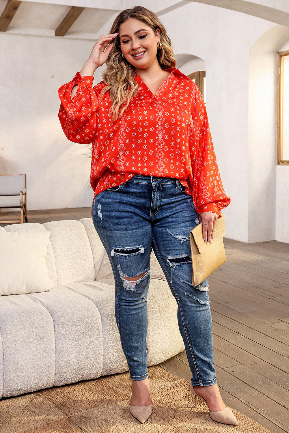 Plus Size Printed Johnny Collar Long Sleeve Blouse - The Boutie Shop