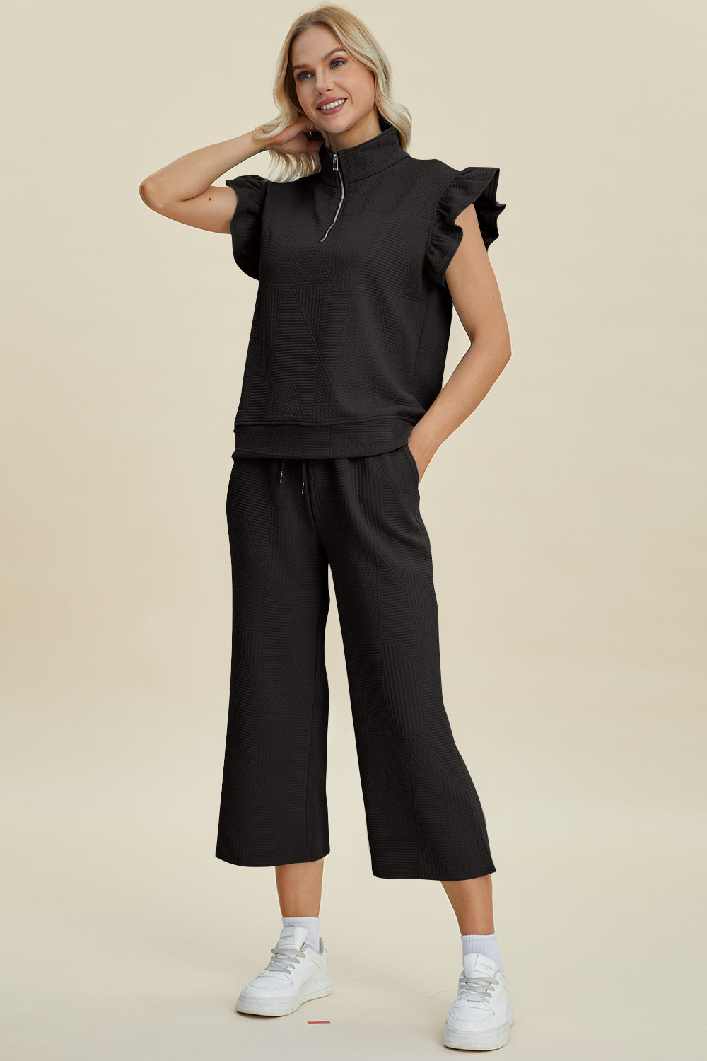 Double Take Full Size Texture Ruffle Short Sleeve Top and Wide Leg Pants Set - The Boutie Shop