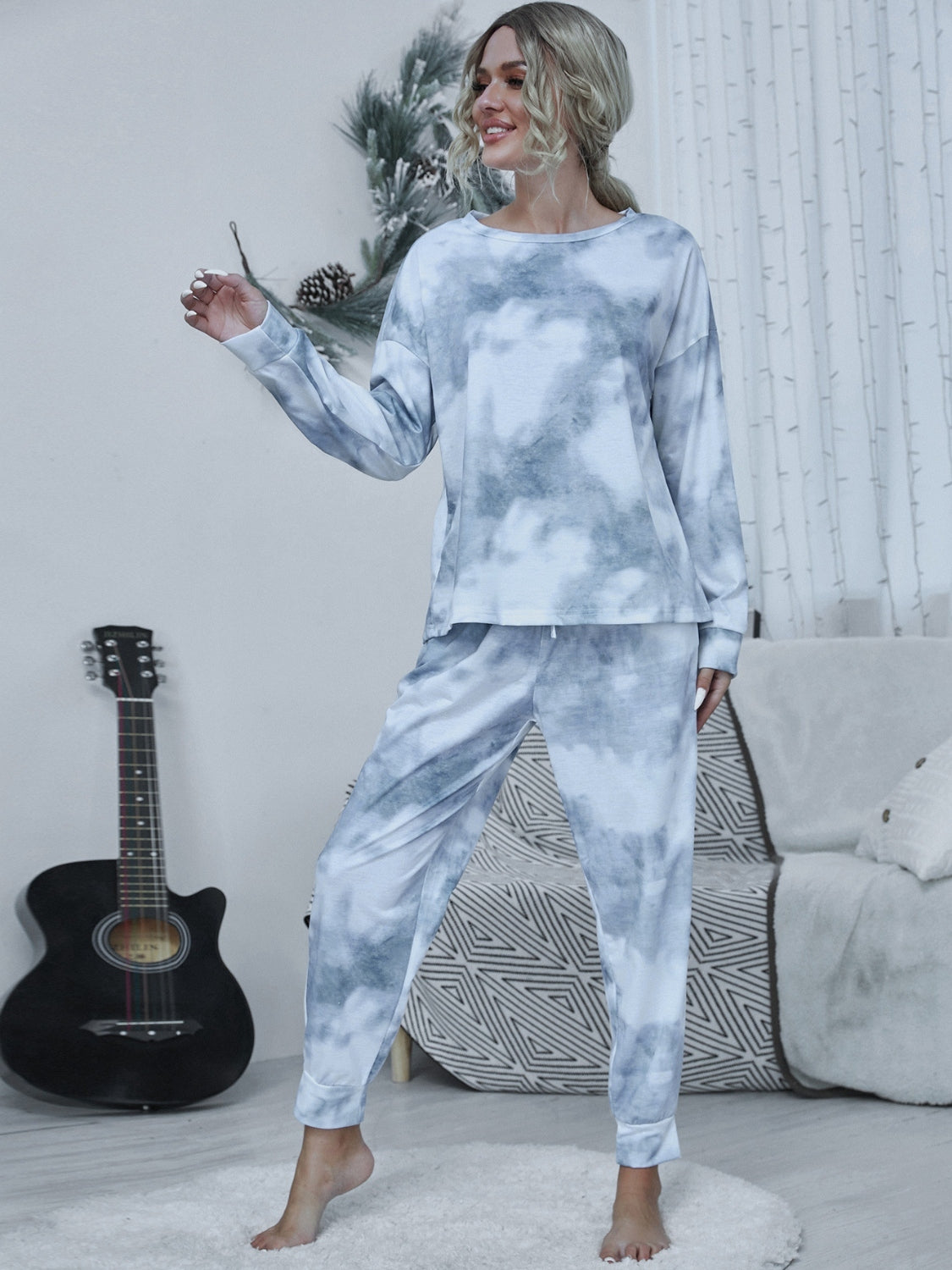 Shiny Tie-dye Round Neck Top and Drawstring Pants Lounge Set - The Boutie Shop