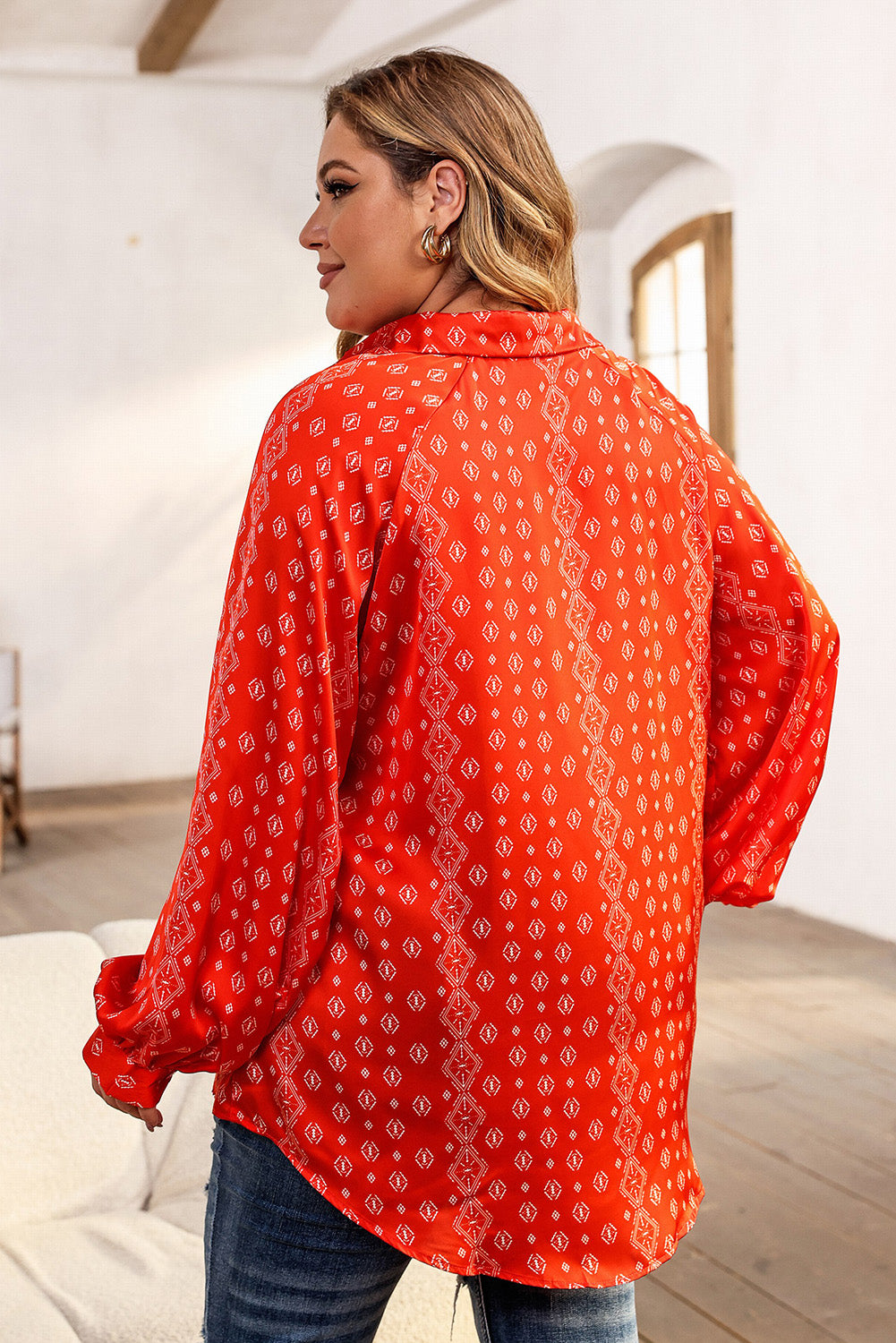 Plus Size Printed Johnny Collar Long Sleeve Blouse - The Boutie Shop