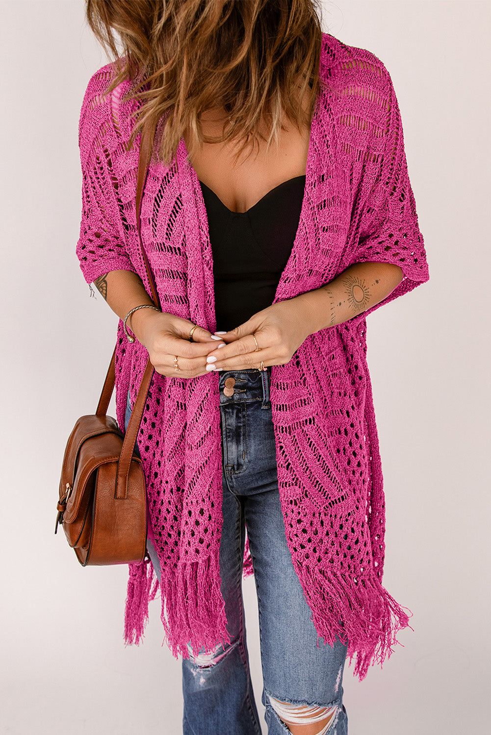 Openwork Open Front Cardigan with Fringes - The Boutie Shop