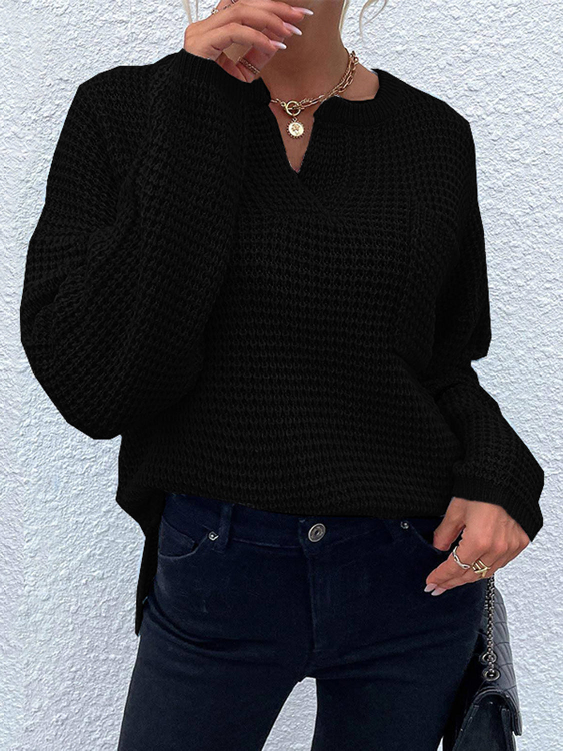 Notched Long Sleeve Sweater - The Boutie Shop