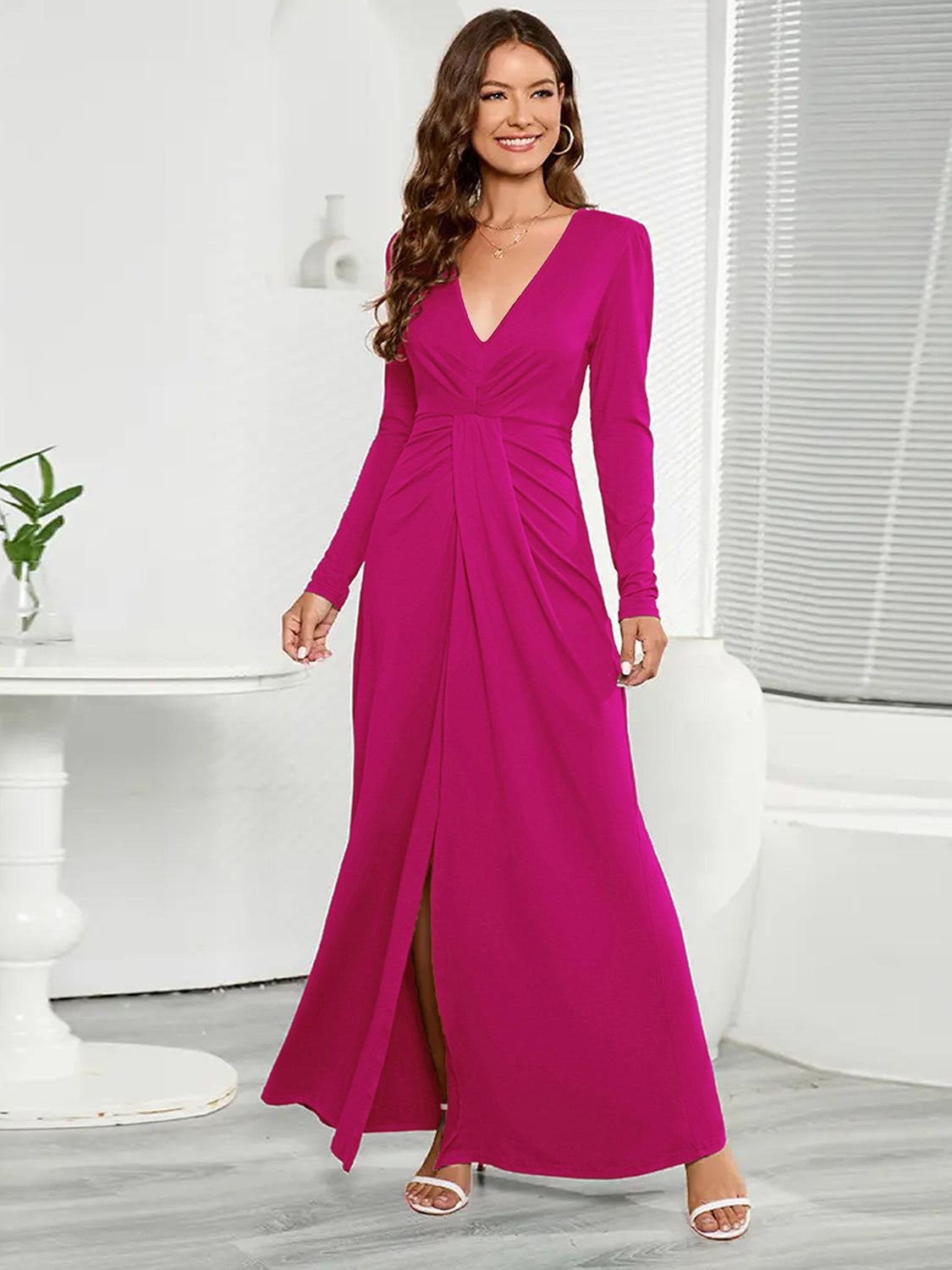 V-Neck Long Sleeve Split Dress - The Boutie Shop