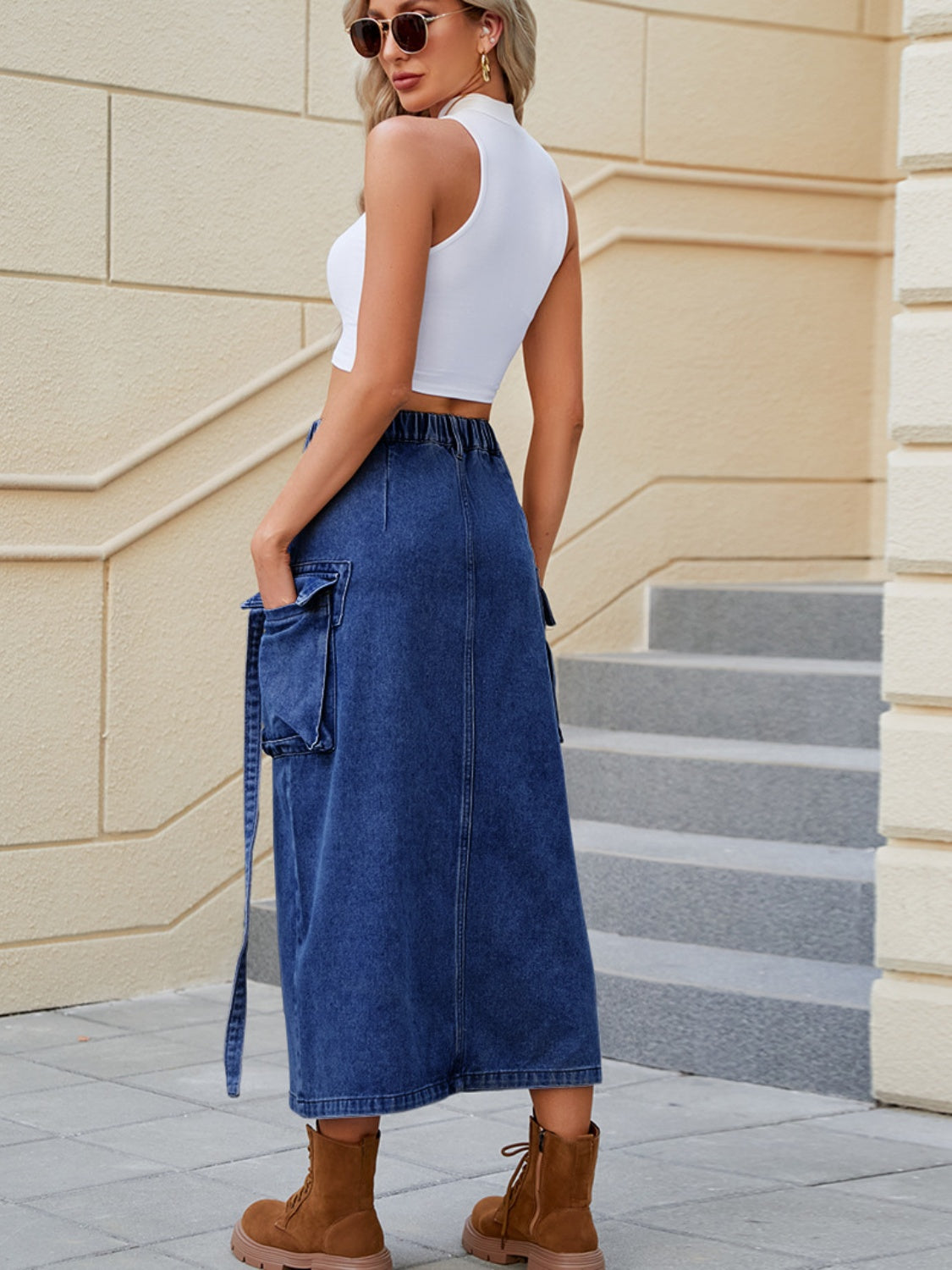 Slit Pocketed High Waist Denim Skirt - The Boutie Shop