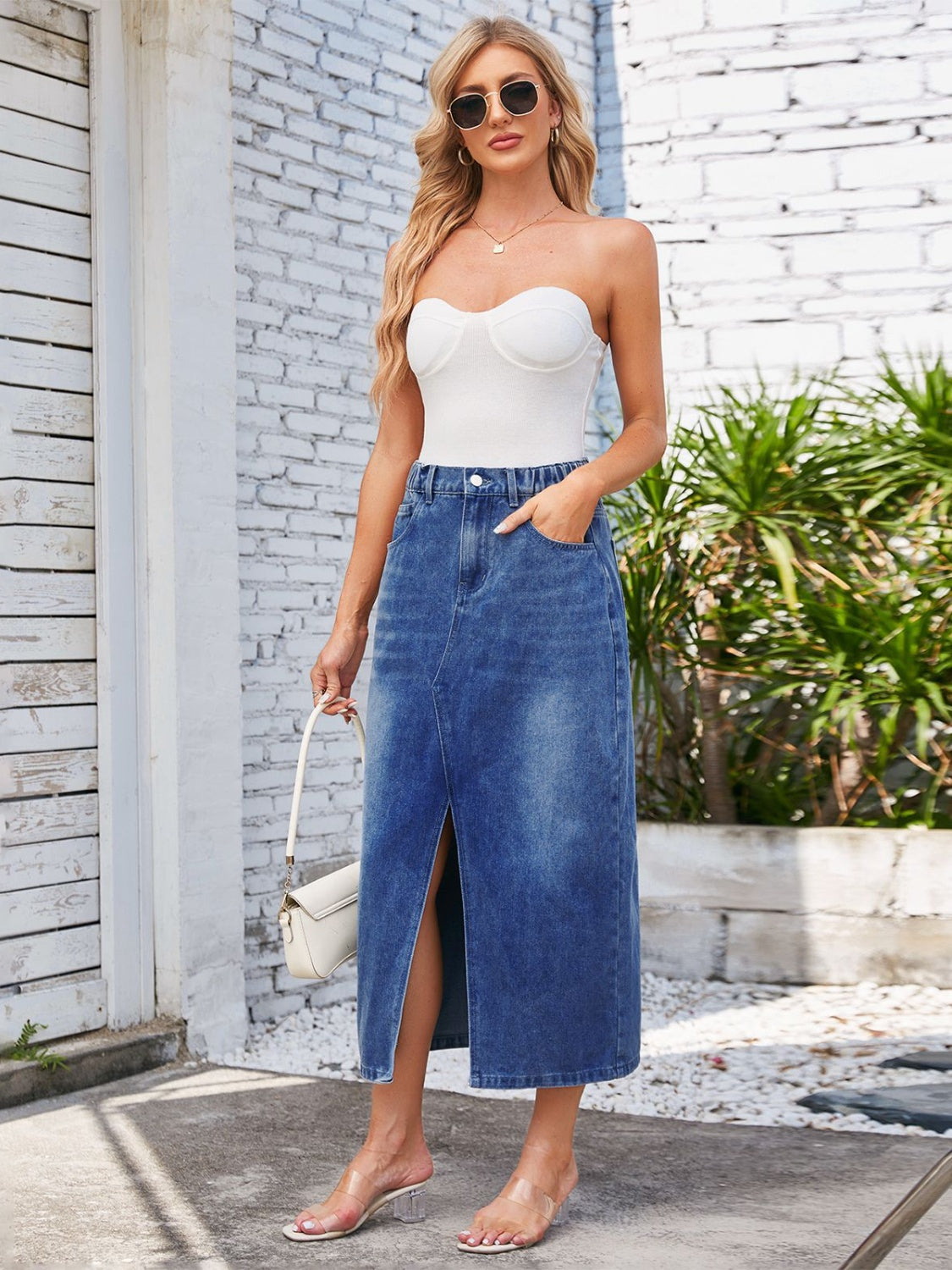 Slit Midi Denim Skirt with Pockets - The Boutie Shop