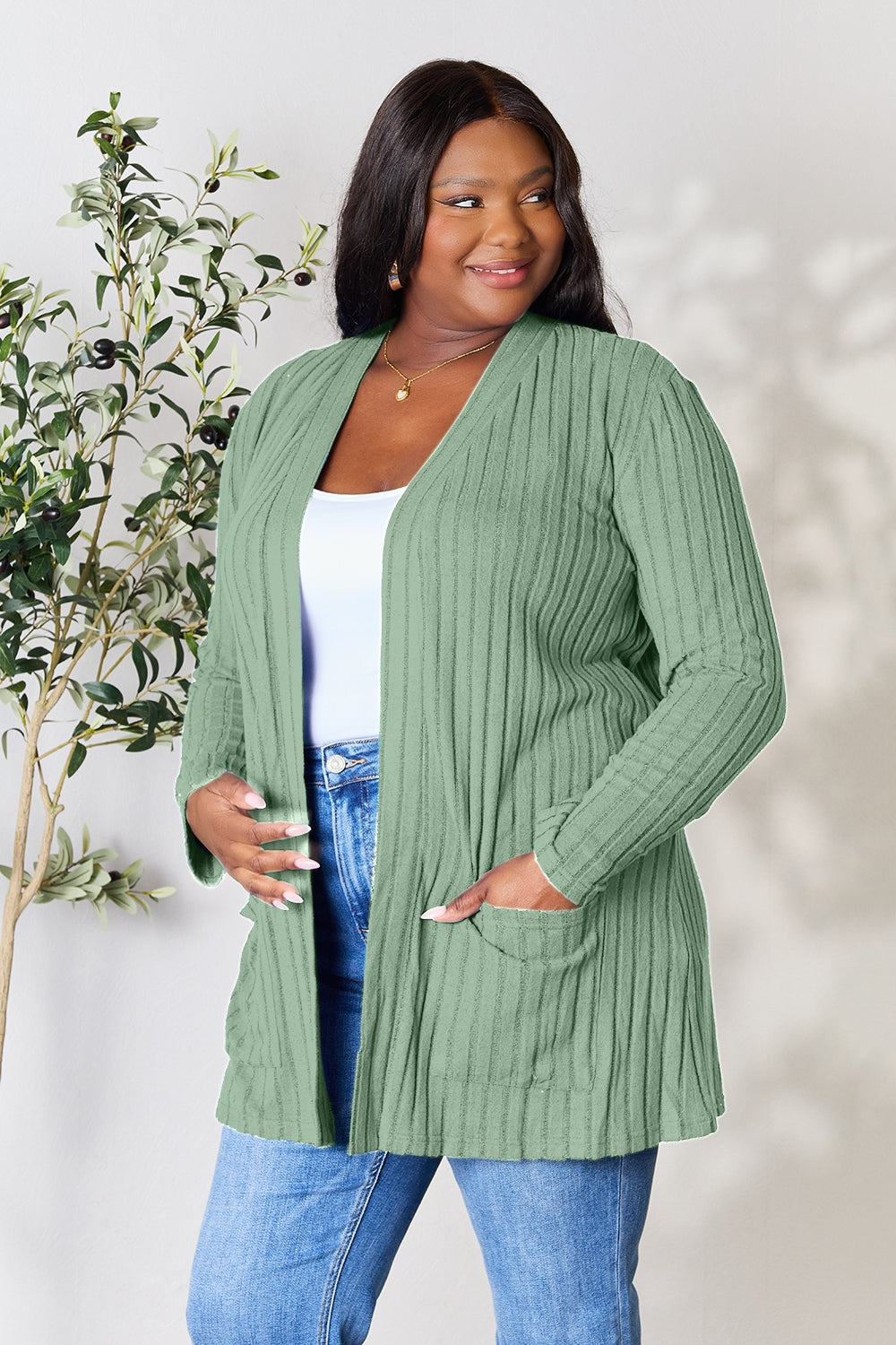 Basic Bae Full Size Ribbed Open Front Cardigan with Pockets - The Boutie Shop