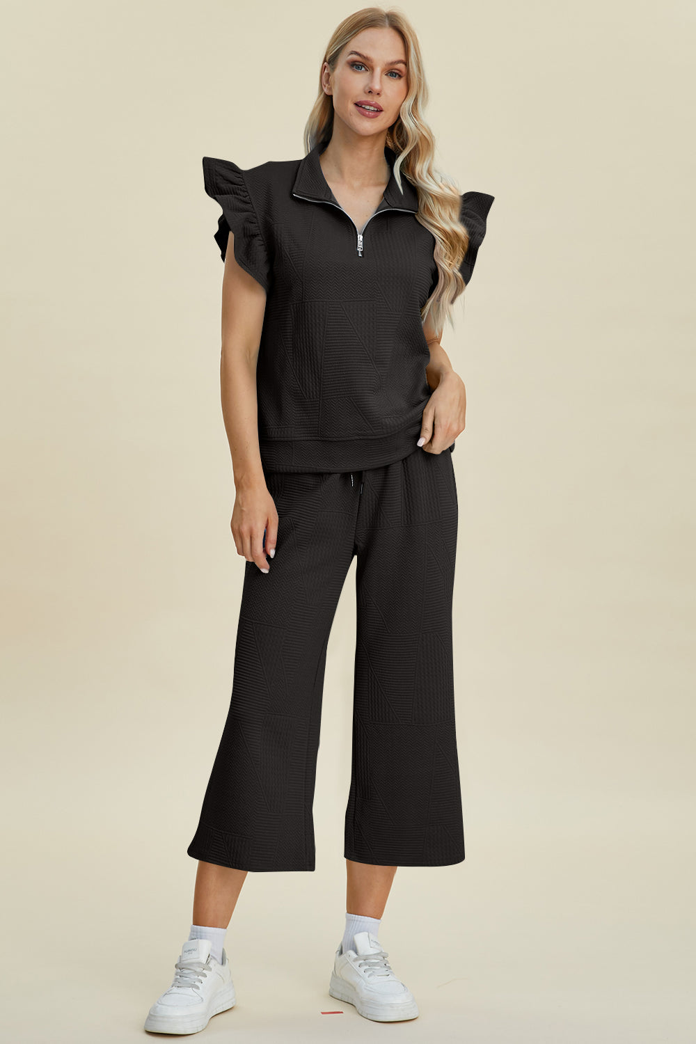 Double Take Full Size Texture Ruffle Short Sleeve Top and Wide Leg Pants Set - The Boutie Shop