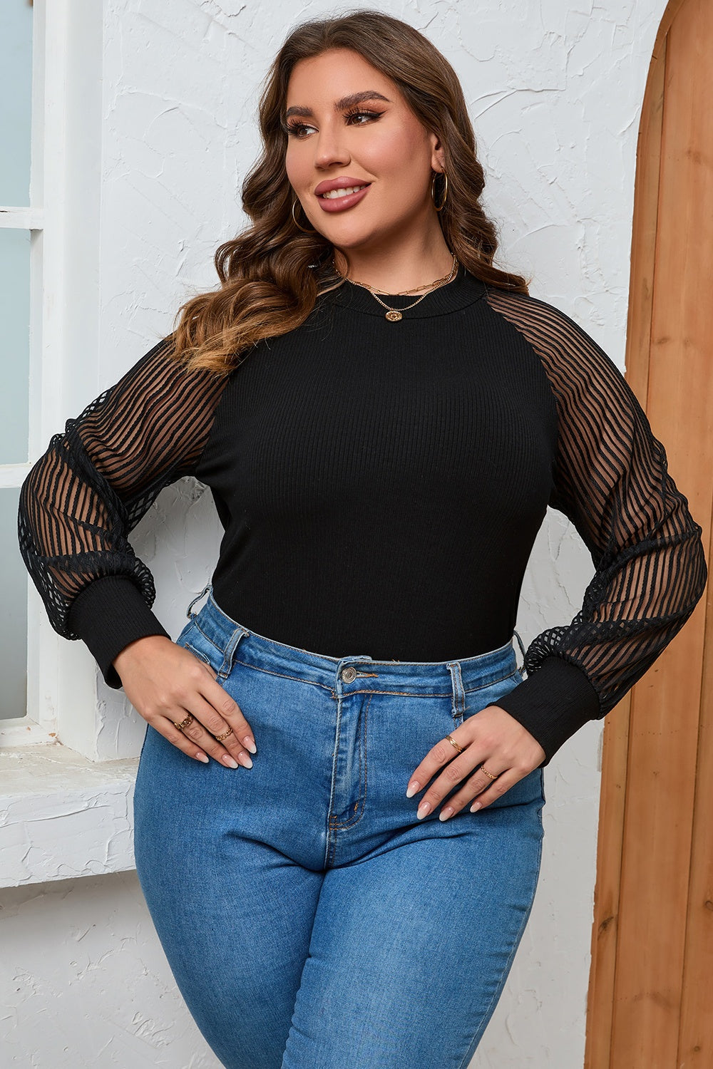 Plus Size Round Neck Long Sleeve Blouse - The Boutie Shop