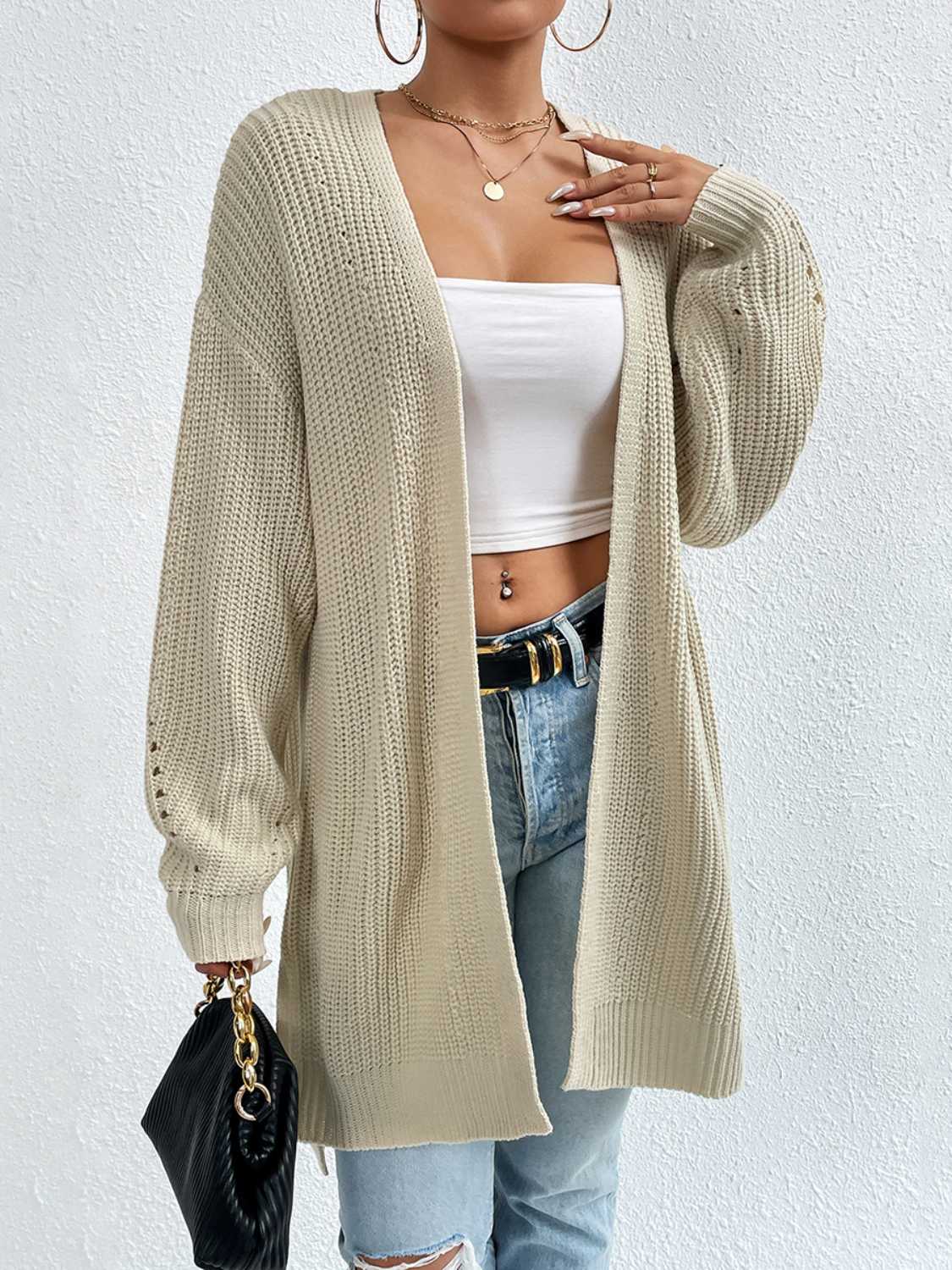 Open Front Dropped Shoulder Slit Cardigan - The Boutie Shop