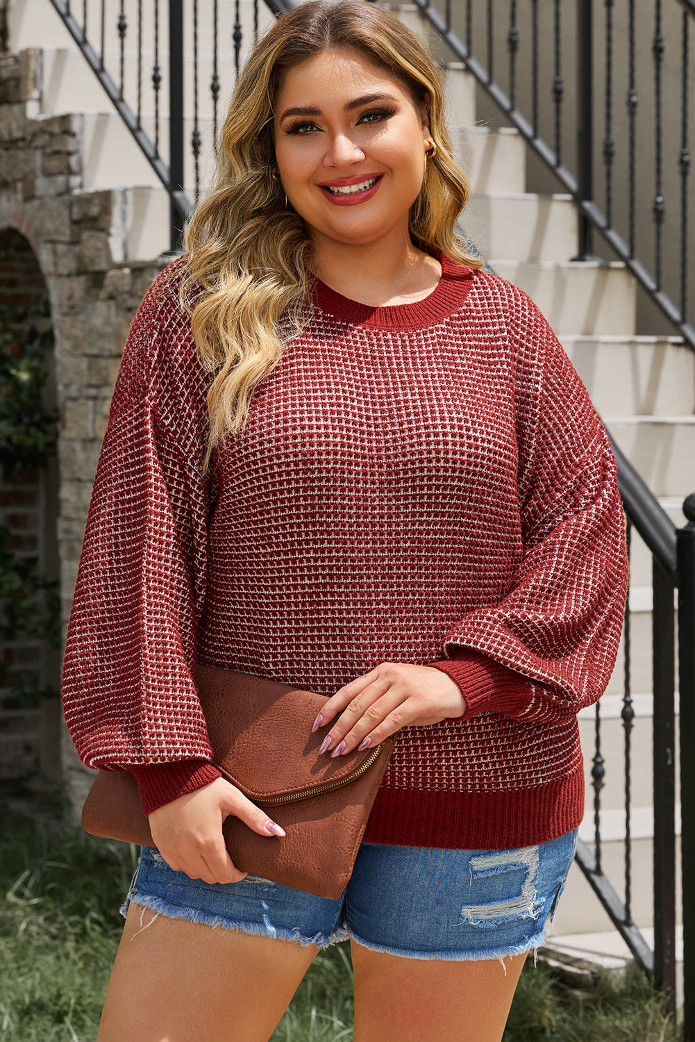 Plus Size Waffle-Knit Round Neck Dropped Shoulder Sweater - The Boutie Shop