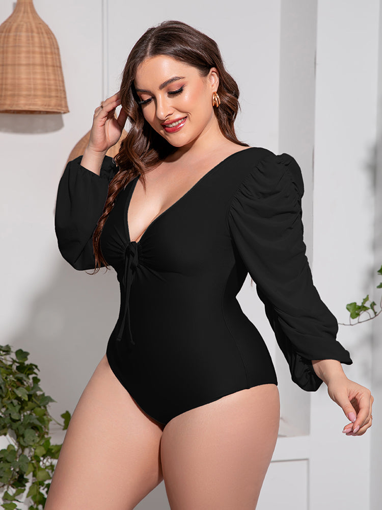 Plus Size Tied Deep V Balloon Sleeve One-Piece Swimsuit - The Boutie Shop