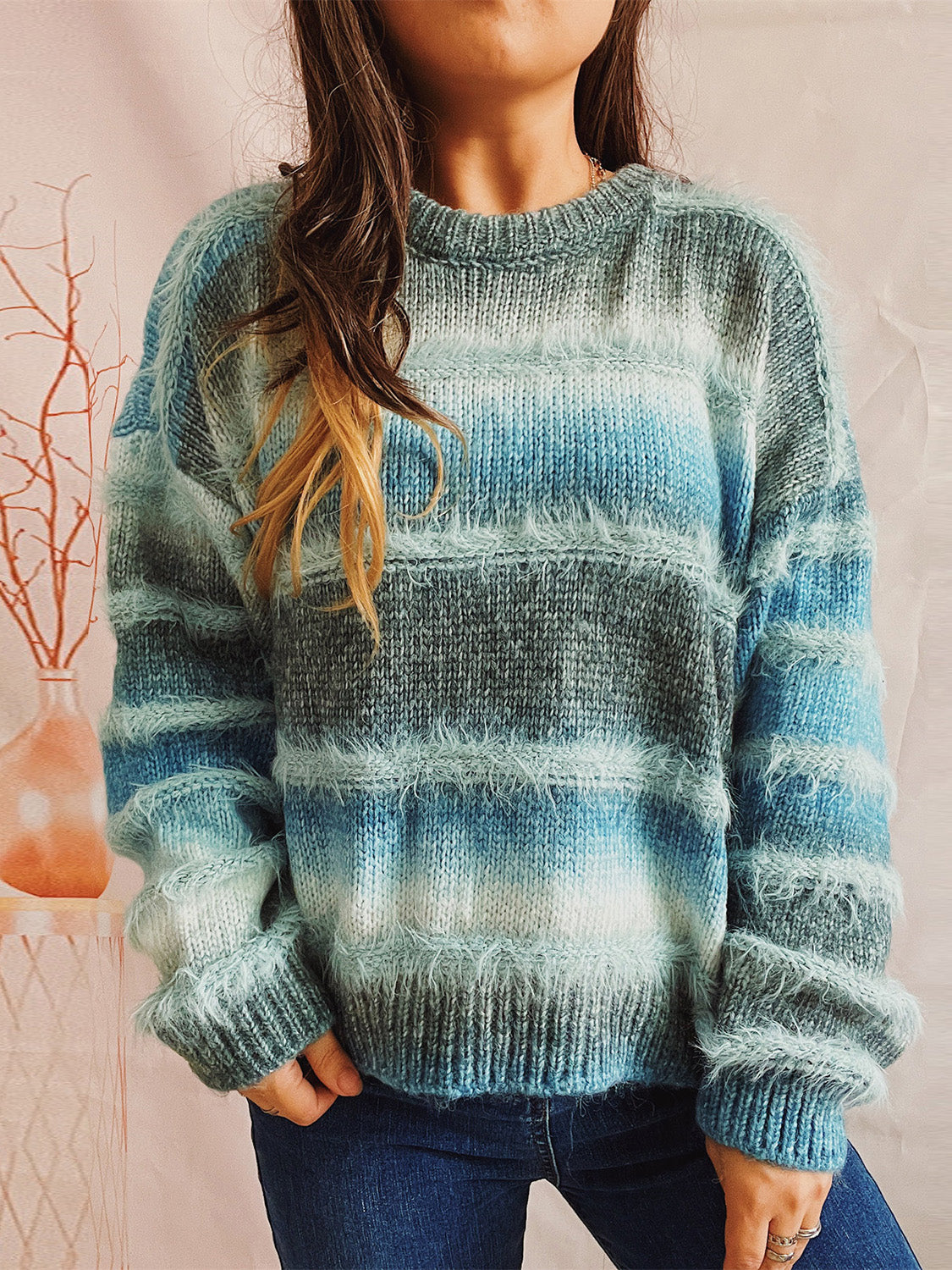 Striped Round Neck Long Sleeve Sweater - The Boutie Shop