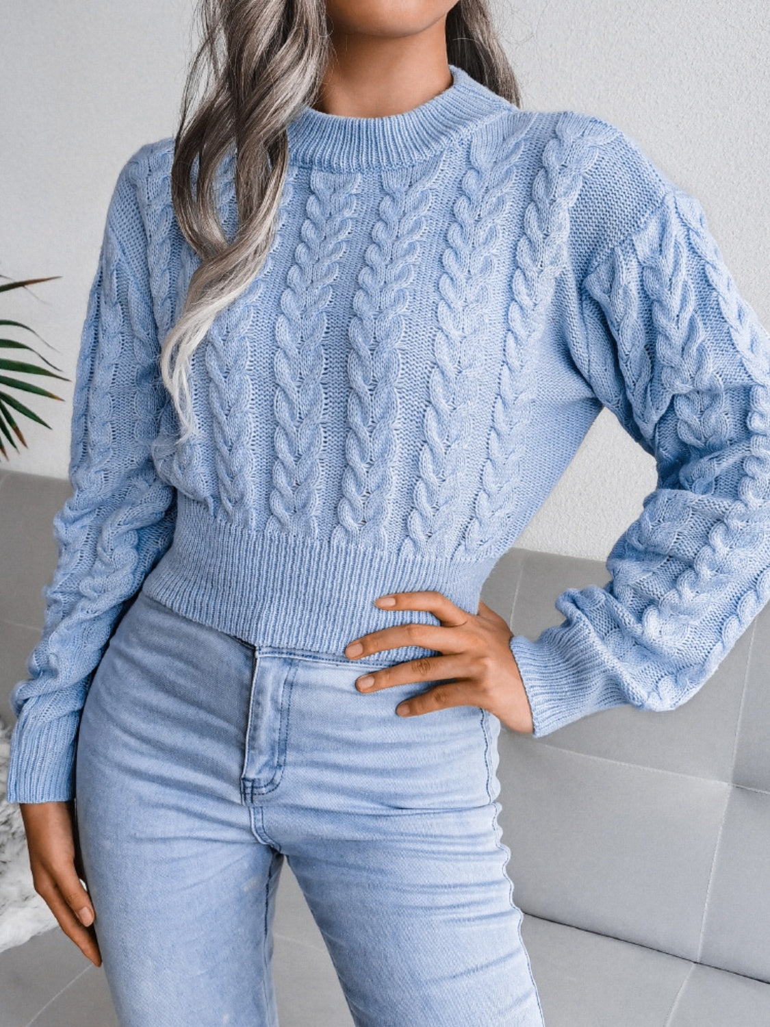 Cable-Knit Round Neck Sweater - The Boutie Shop