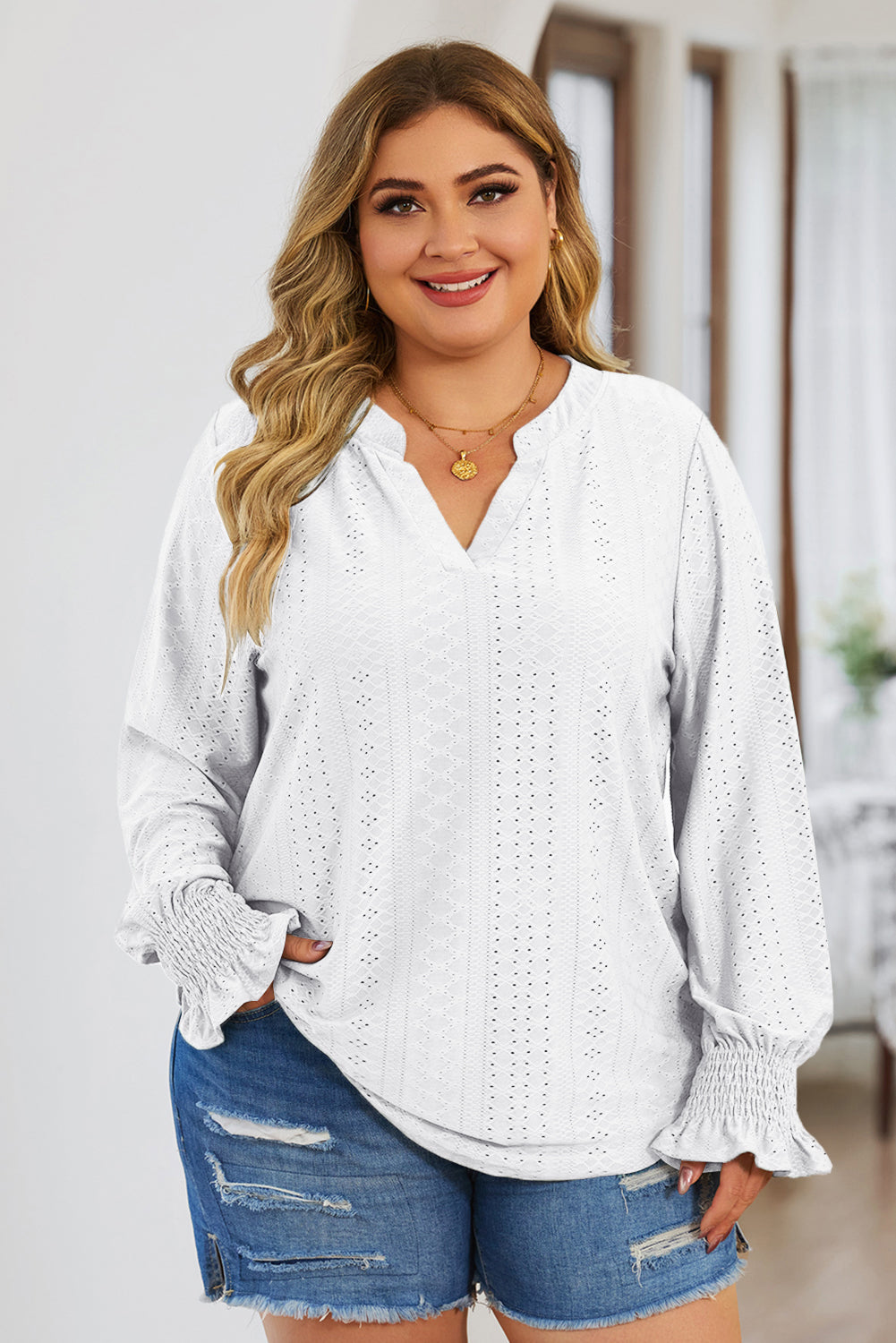 Plus Size Eyelet Notched Flounce Sleeve Blouse - The Boutie Shop