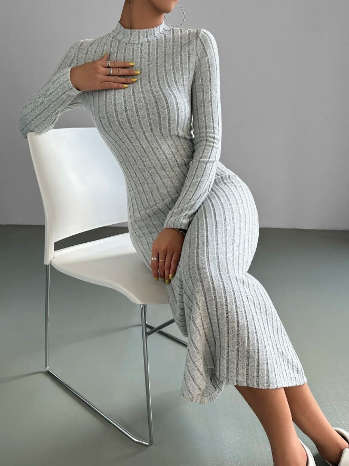 Ribbed Mock Neck Long Sleeve Midi Sweater Dress - The Boutie Shop