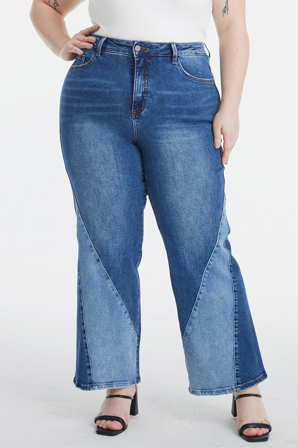 BAYEAS Full Size High Waist Two-Tones Patched Wide Leg Jeans - The Boutie Shop