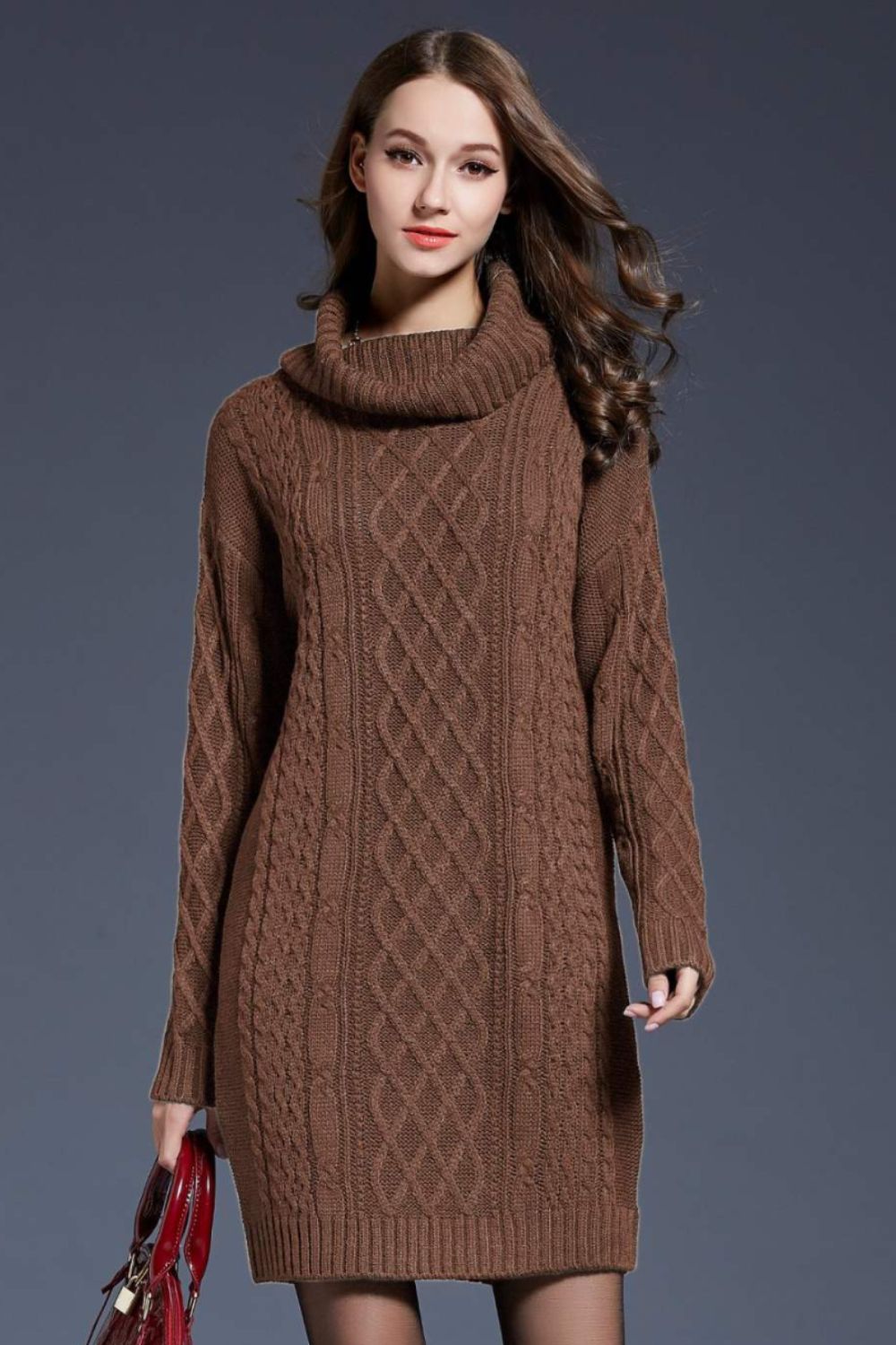 Woven Right Full Size Mixed Knit Cowl Neck Dropped Shoulder Sweater Dress - The Boutie Shop