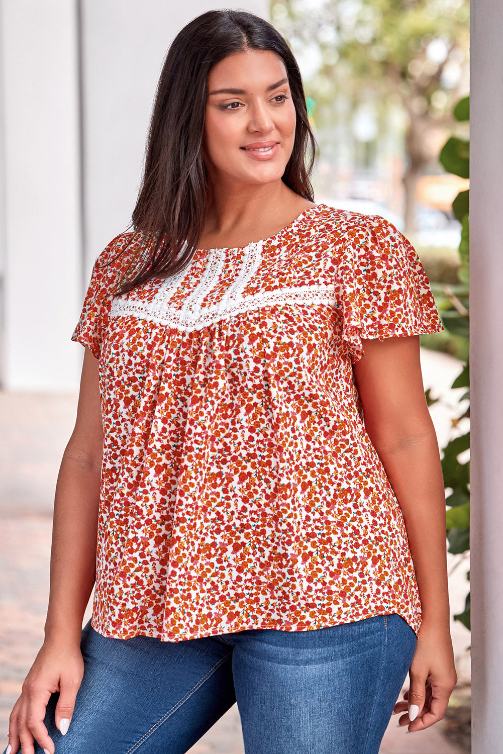 Plus Size Floral Lace Trim Round Neck Blouse - The Boutie Shop