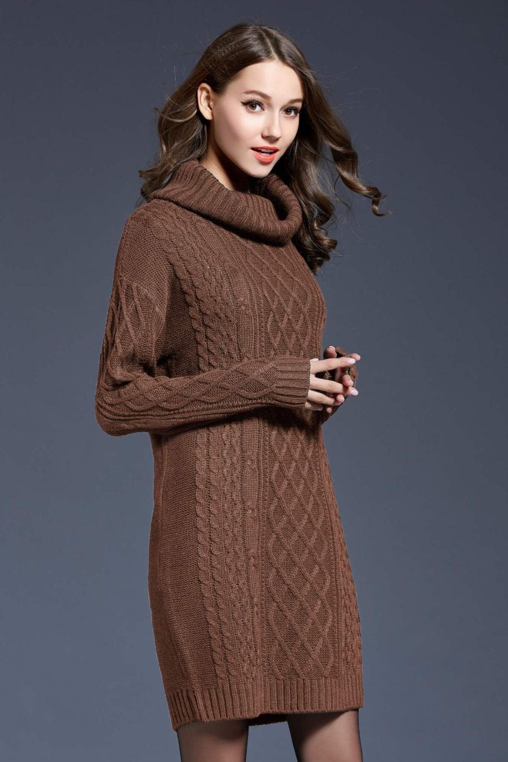 Woven Right Full Size Mixed Knit Cowl Neck Dropped Shoulder Sweater Dress - The Boutie Shop