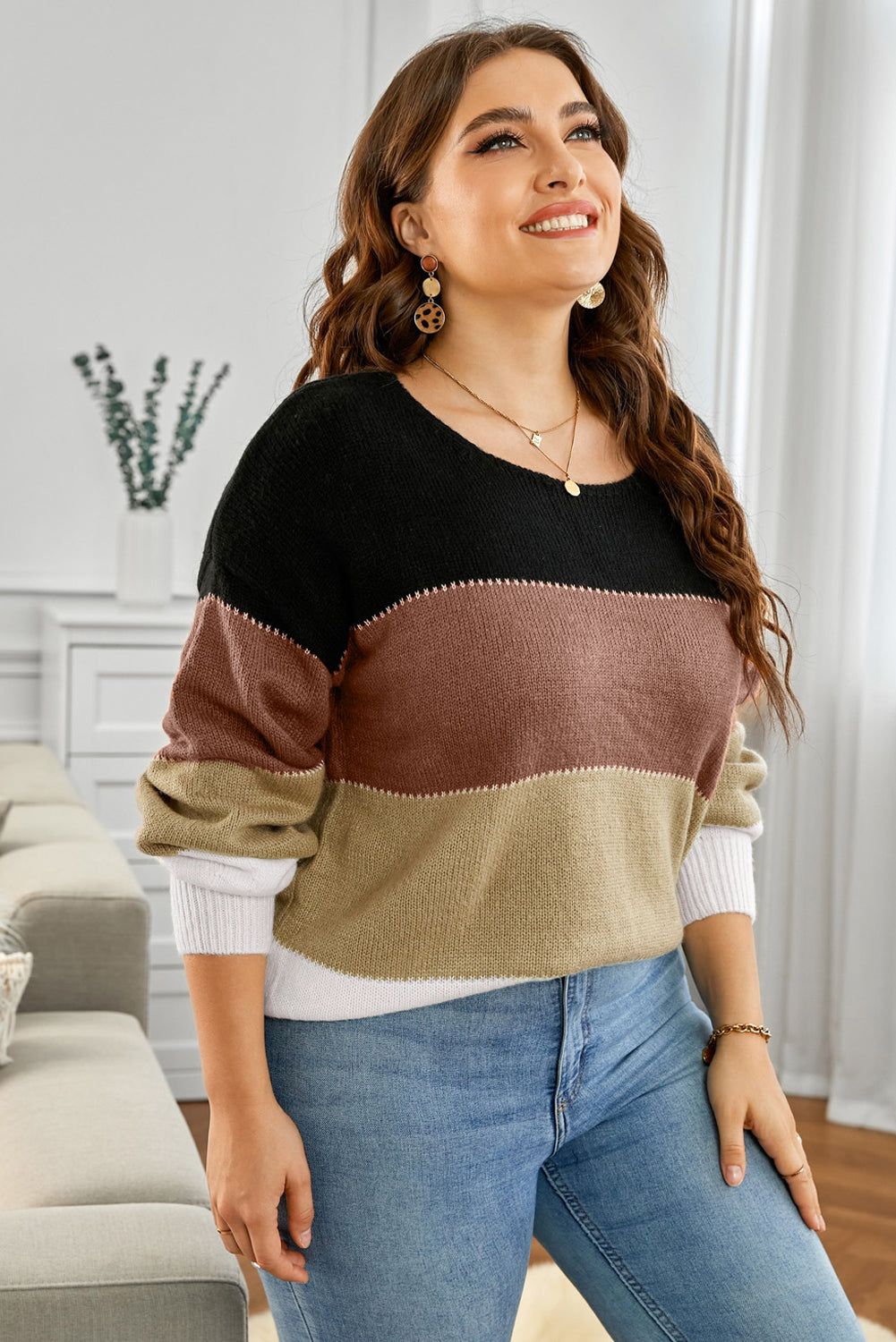 Plus Size Color Block Round Neck Sweater - The Boutie Shop