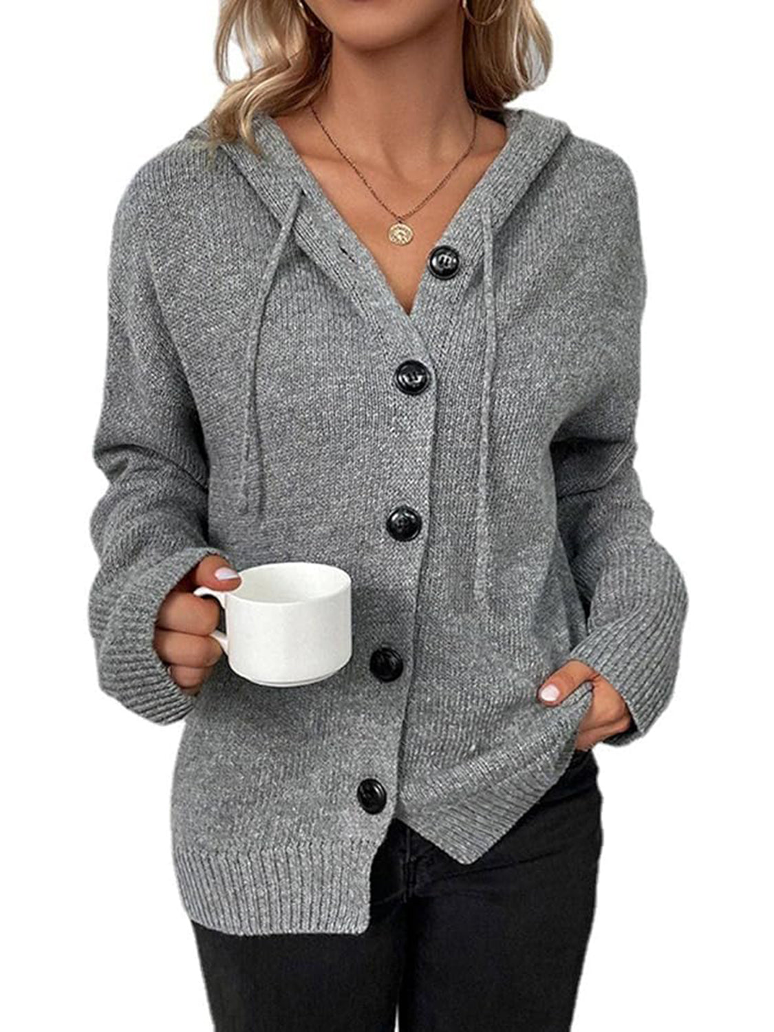 Button Up Drawstring Long Sleeve Hooded Cardigan - The Boutie Shop