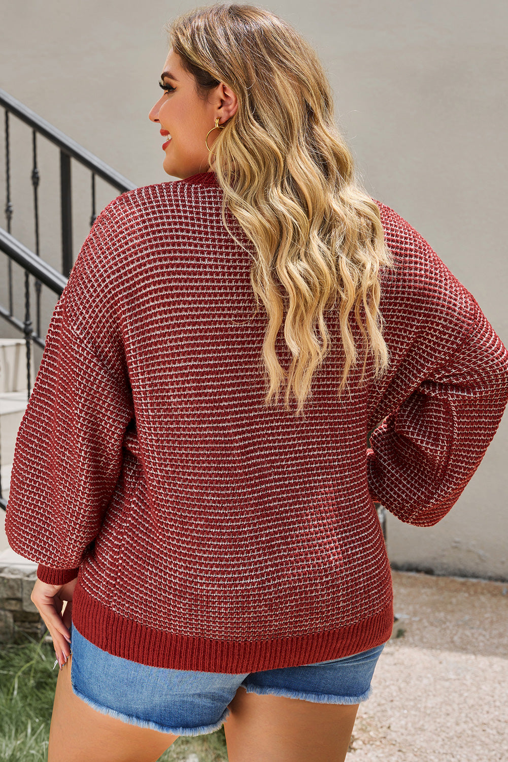 Plus Size Waffle-Knit Round Neck Dropped Shoulder Sweater - The Boutie Shop