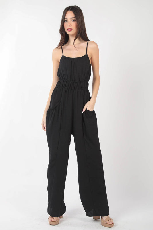 VERY J Pintuck Detail Woven Sleeveless Jumpsuit - The Boutie Shop