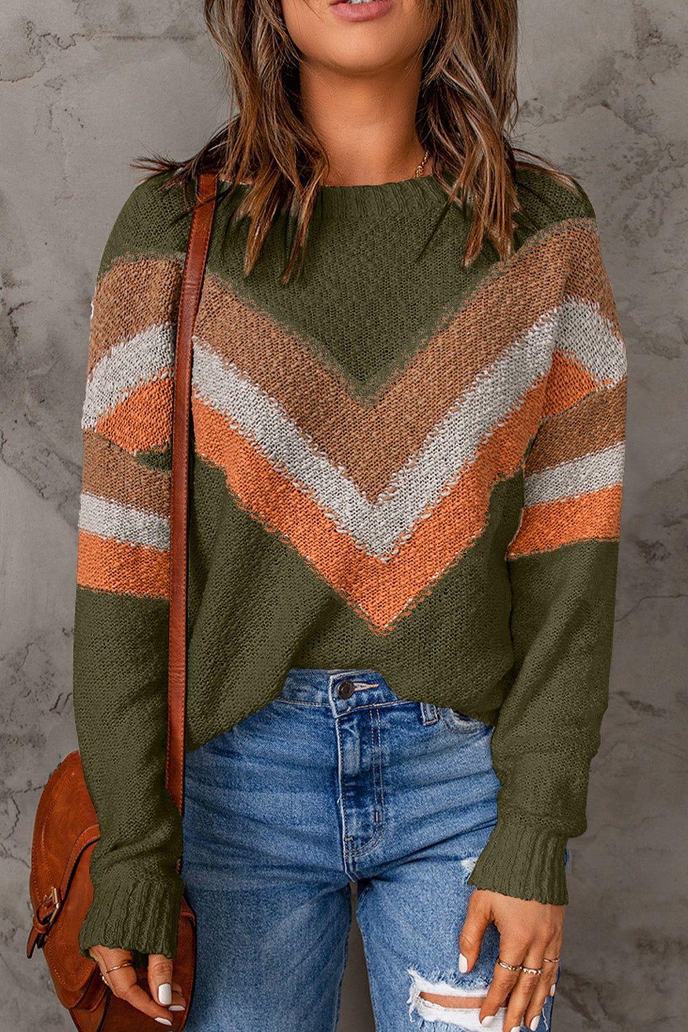 Contrast Round Neck Dropped Shoulder Sweater - The Boutie Shop