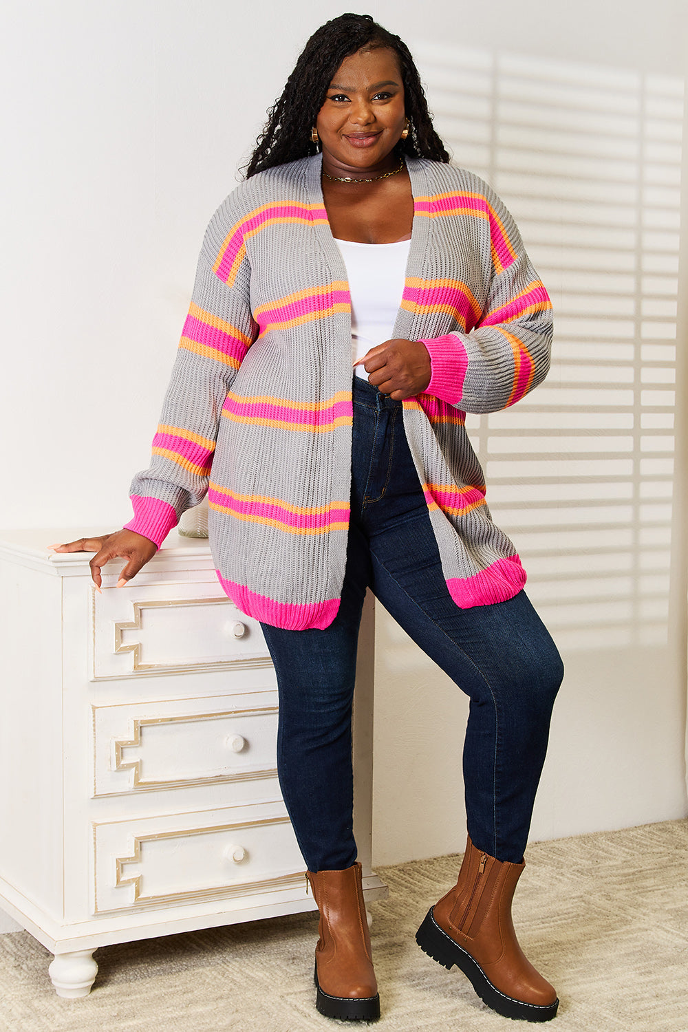 Woven Right Ribbed Long Sleeve Cardigan - The Boutie Shop