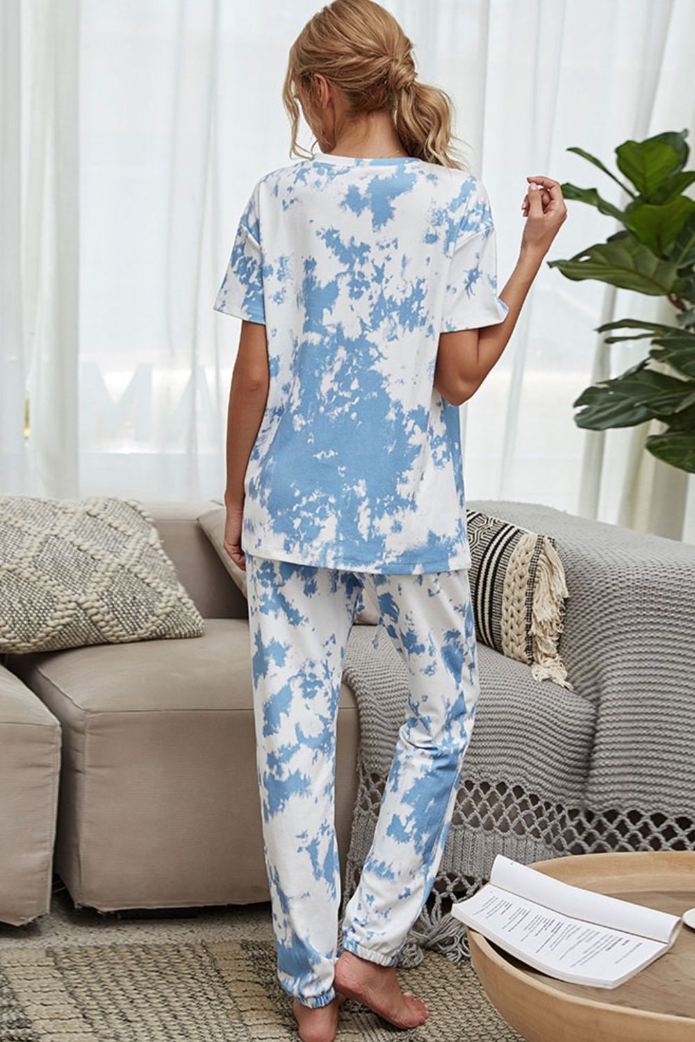 Shiny Tie-Dye Tee and Drawstring Waist Joggers Lounge Set - The Boutie Shop