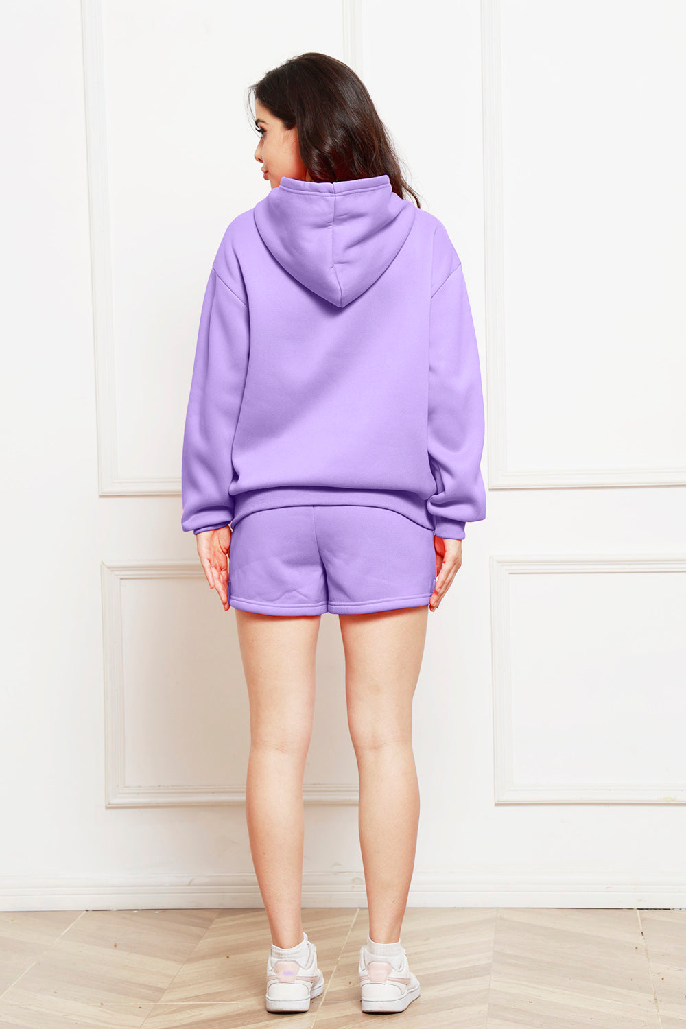 Drop Shoulder Long Sleeve Hoodie and Shorts Set - The Boutie Shop