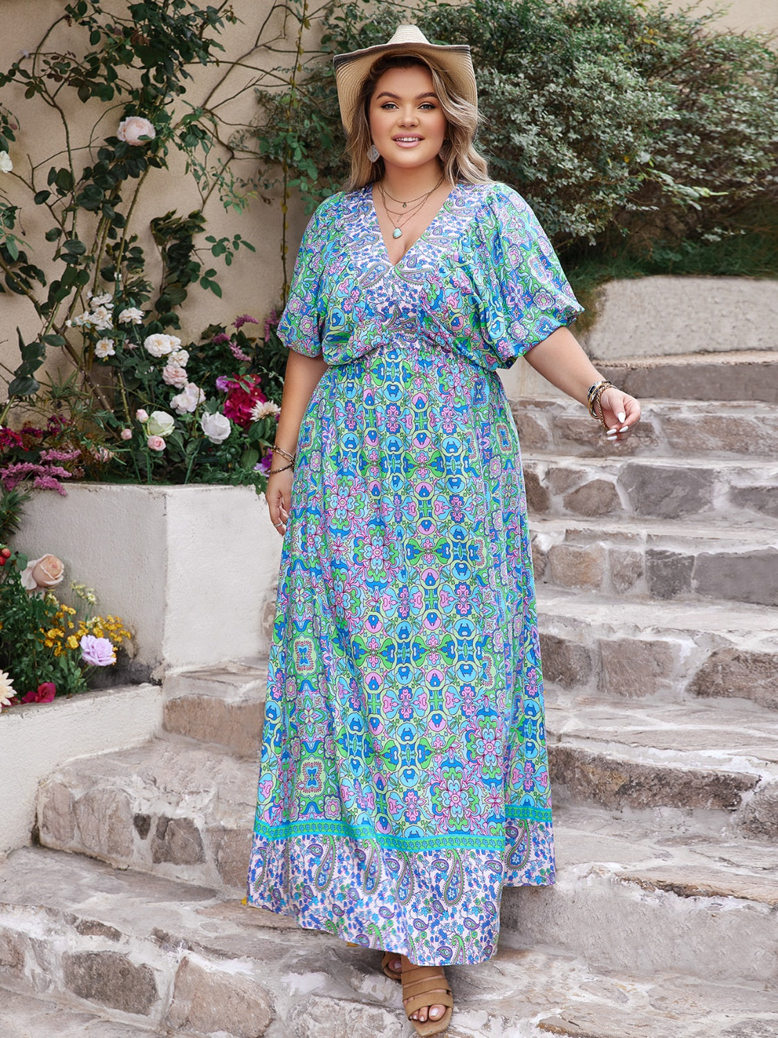 Plus Size Printed V-Neck Balloon Sleeve Dress - The Boutie Shop