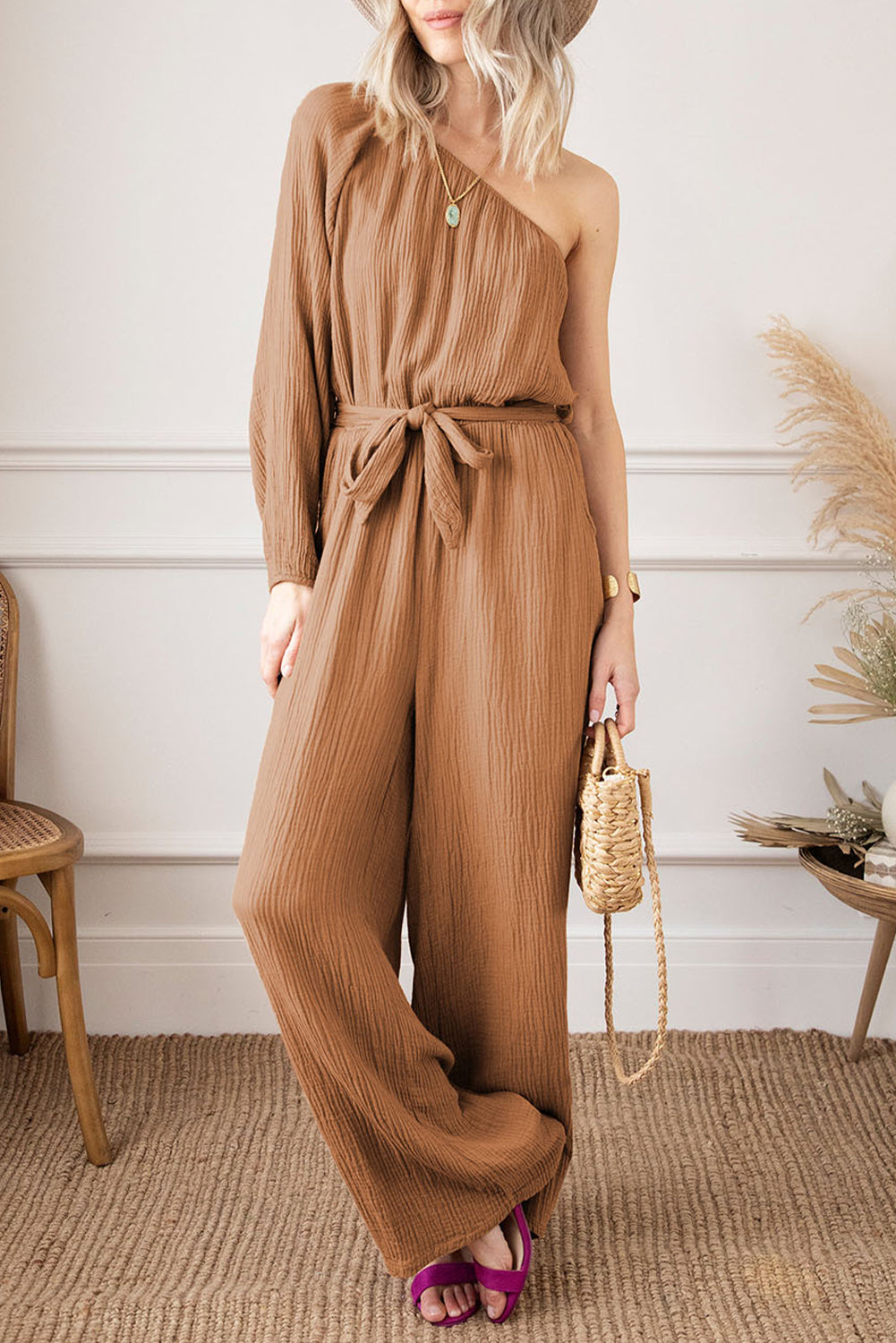 Texture Single Shoulder Tie-Waist Jumpsuit - The Boutie Shop