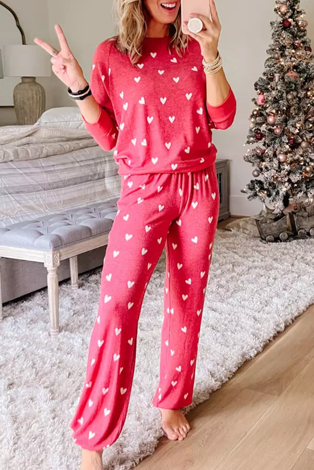 Heart Round Neck Top and Pants Set - The Boutie Shop