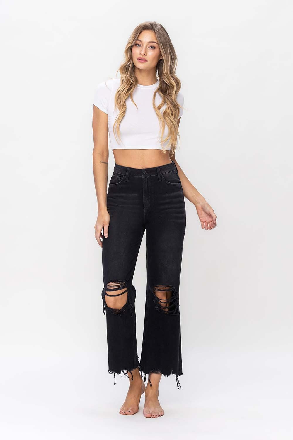 Vervet by Flying Monkey Vintage Ultra High Waist Distressed Crop Flare Jeans - The Boutie Shop