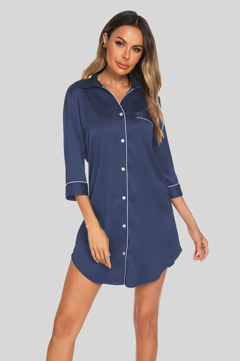 Button Up Collared Neck Night Dress with Pocket - The Boutie Shop