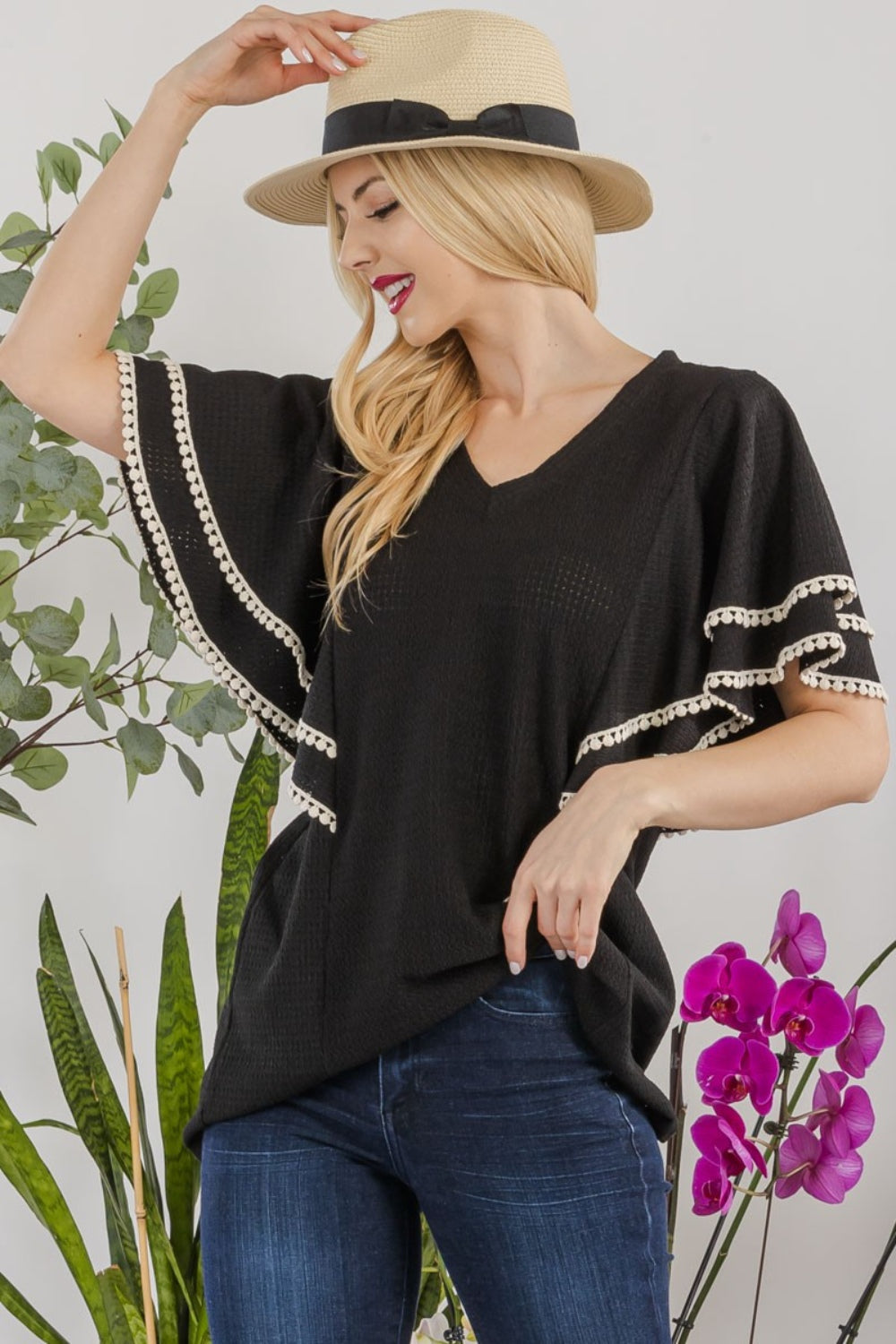 Celeste Full Size V-Neck Lace Trim Flutter Sleeve Top - The Boutie Shop