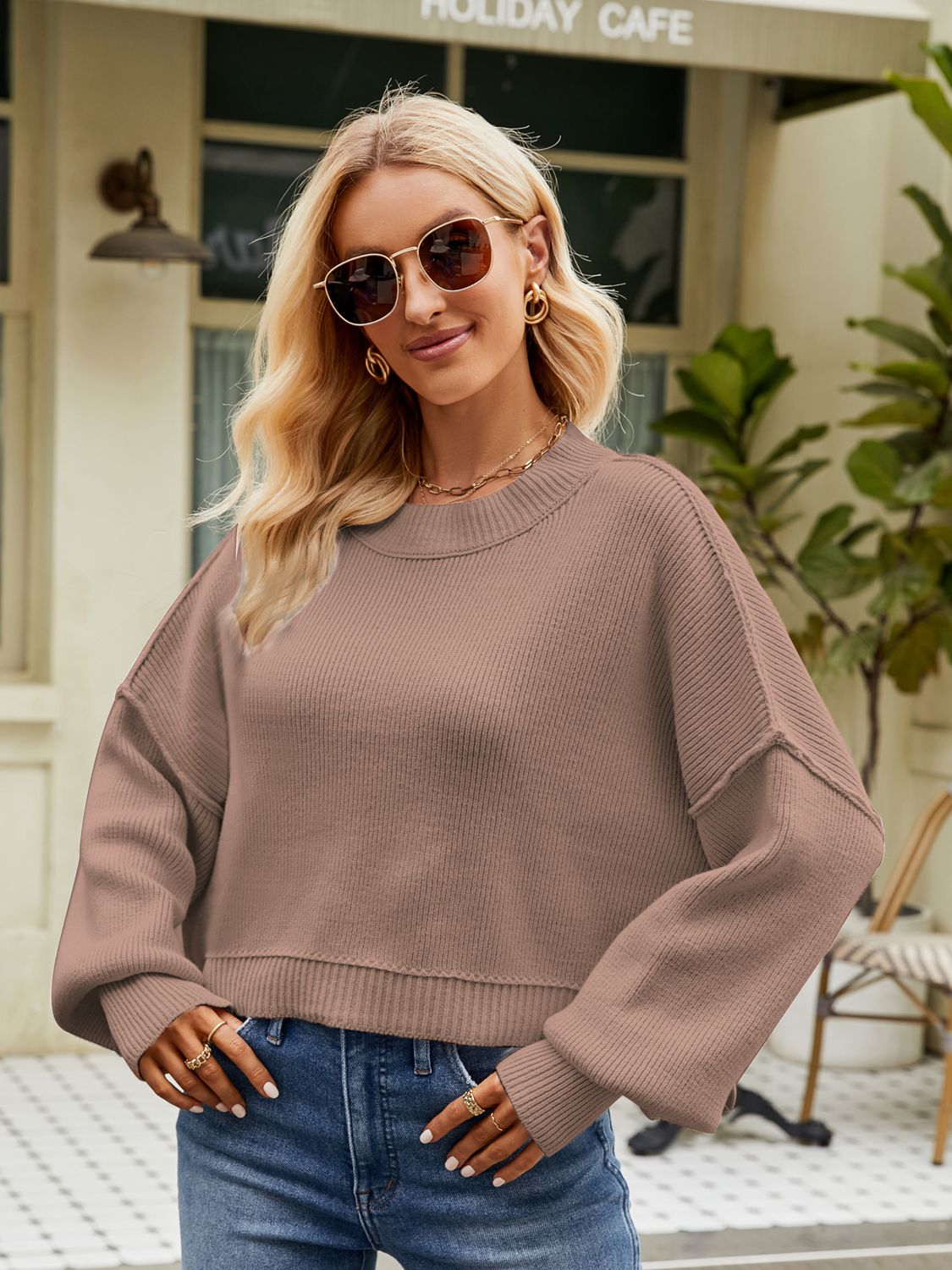 Round Neck Dropped Shoulder Sweater - The Boutie Shop