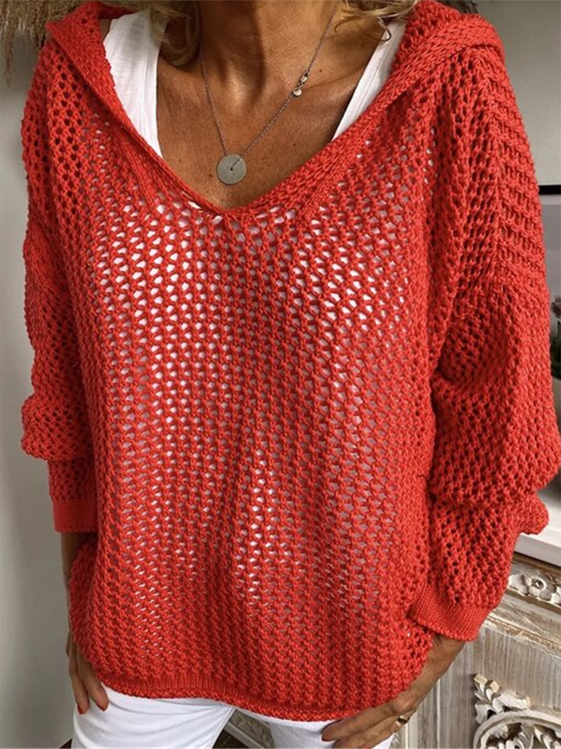 Openwork Hooded Long Sleeve Sweater - The Boutie Shop